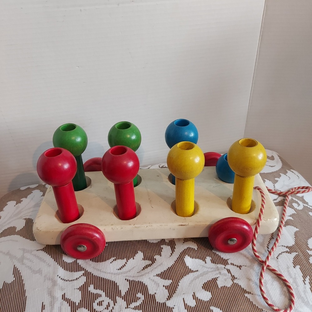 Vintage Playskool Wooden Pull Toy Peg Wagon Primary Colors 8 Pegs USA Made - Picture 3 of 6
